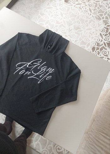 Siyah Parlak Baskılı kapüşonlu  Sweatshirt - Görsel 2