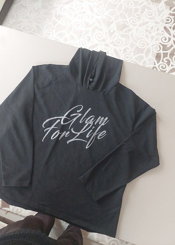 Siyah Parlak Baskılı kapüşonlu  Sweatshirt - Görsel 3