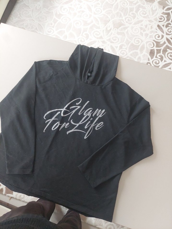 Siyah Parlak Baskılı kapüşonlu  Sweatshirt - Görsel 3