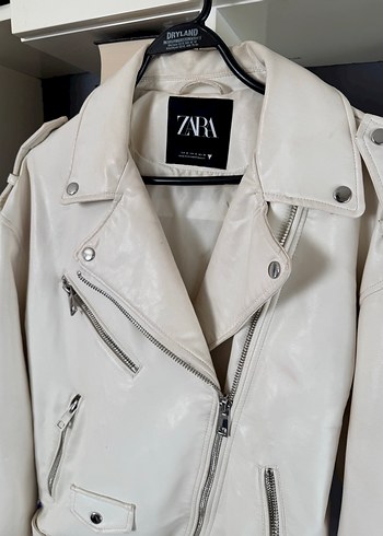 Zara Beyaz Deri Zipperli Kadın Ceket - Görsel 3