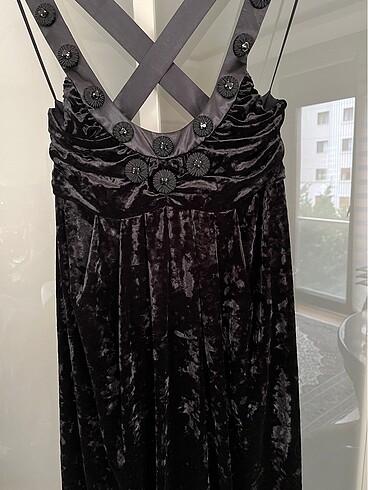 MANGO Siyah Diz Altı Kadife Elbise - Görsel 4