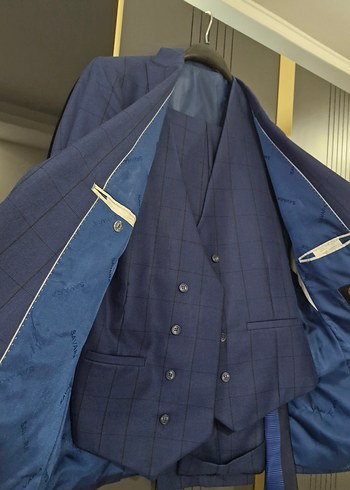 Erkek LACIVERT Kareli Düğmeli Ofis Takımı - Görsel 2