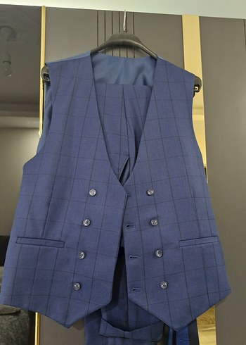 Erkek LACIVERT Kareli Düğmeli Ofis Takımı - Görsel 7