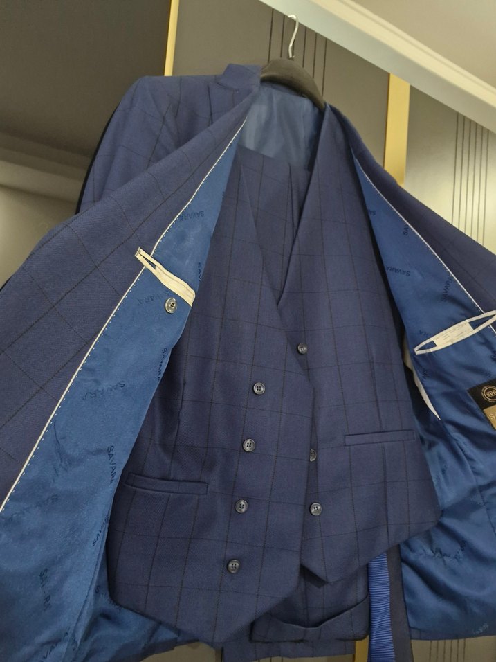 Erkek LACIVERT Kareli Düğmeli Ofis Takımı - Görsel 2