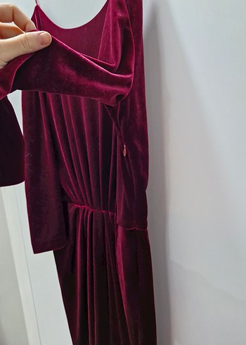 Bordo Drapeli Uzun Kadife Elbise - Görsel 3