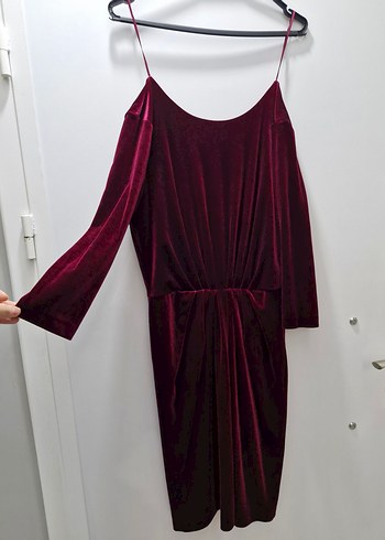 Bordo Drapeli Uzun Kadife Elbise - Görsel 2