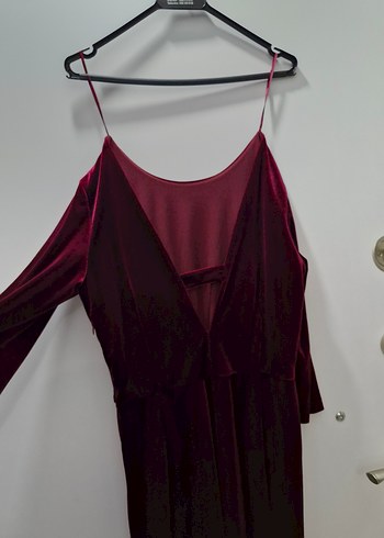 Bordo Drapeli Uzun Kadife Elbise - Görsel 4