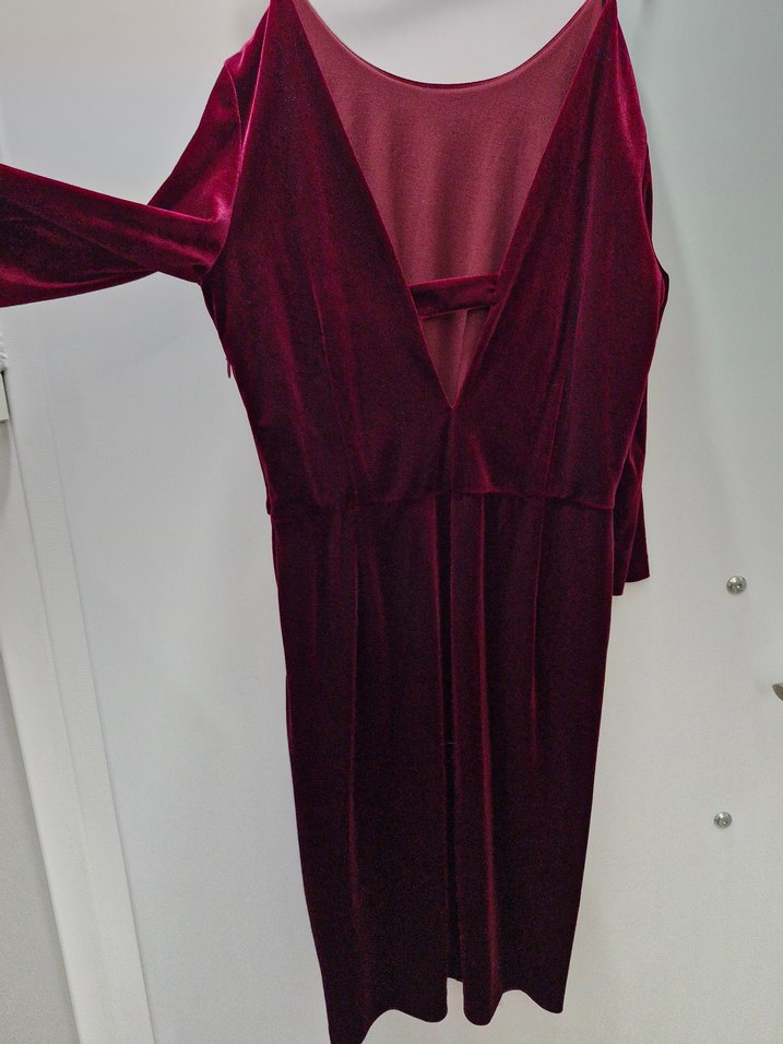 Bordo Drapeli Uzun Kadife Elbise - Görsel 5