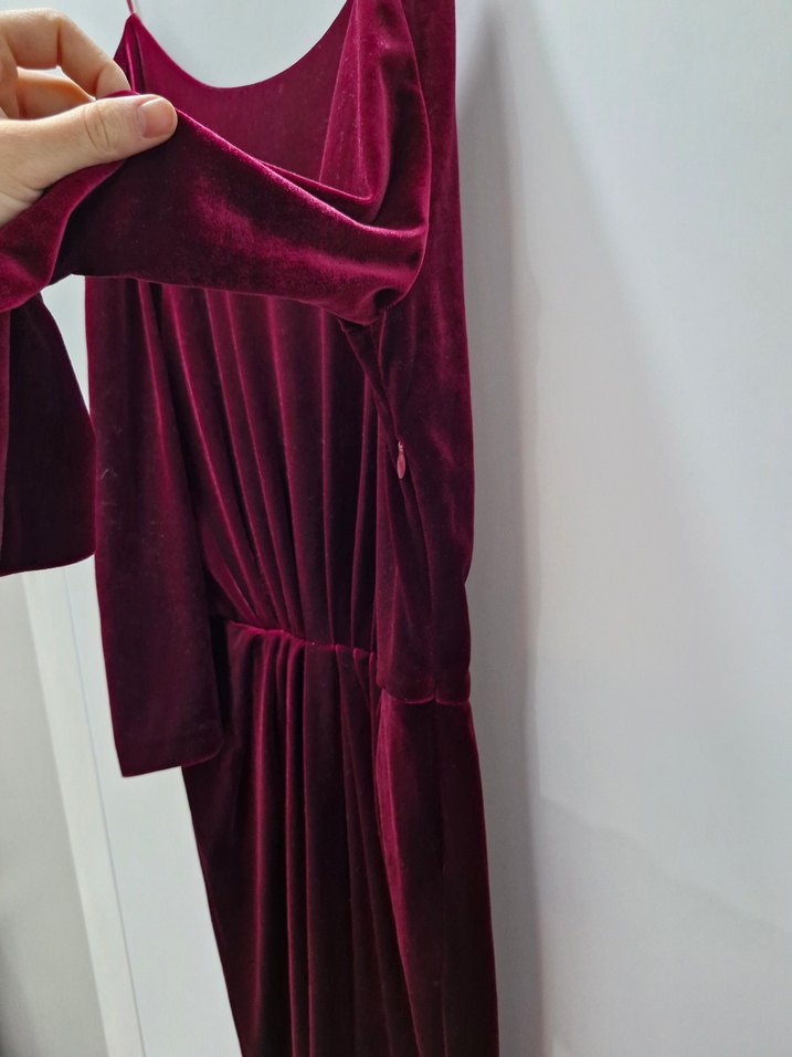 Bordo Drapeli Uzun Kadife Elbise - Görsel 3