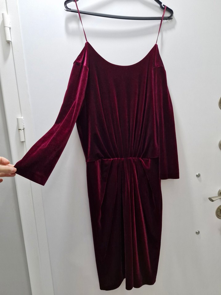 Bordo Drapeli Uzun Kadife Elbise - Görsel 2