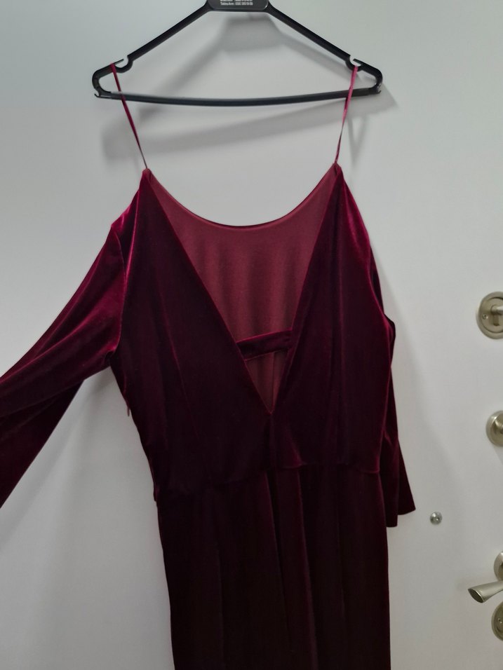 Bordo Drapeli Uzun Kadife Elbise - Görsel 4