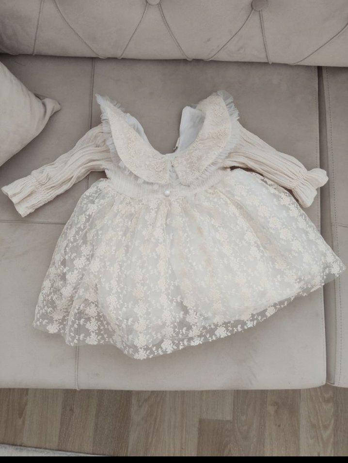 Bej Dantel Nakışlı Klasik Kız Elbisesi - Görsel 2