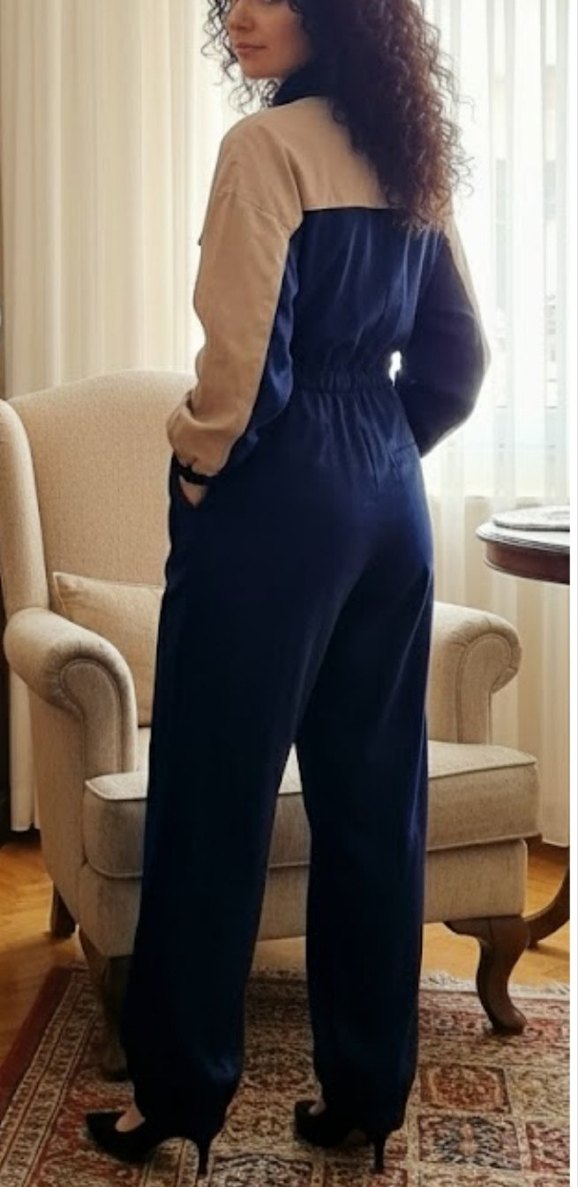 Uzun Kollu, Metal Düğmeli, Cepli Kadın Kumaş Tulum - Görsel 2