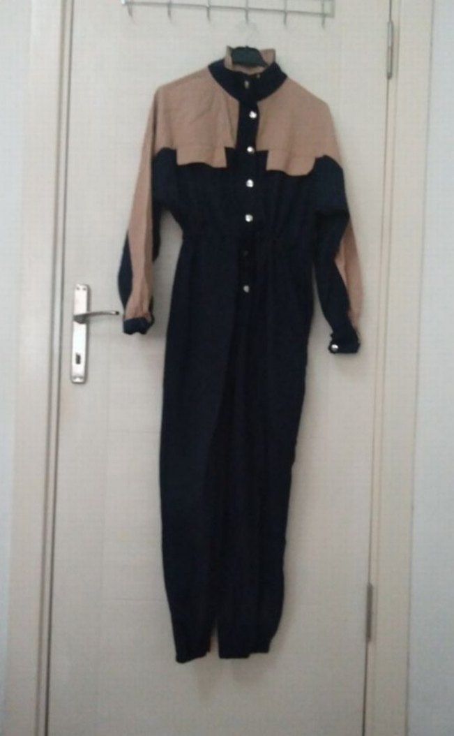 Uzun Kollu, Metal Düğmeli, Cepli Kadın Kumaş Tulum - Görsel 3