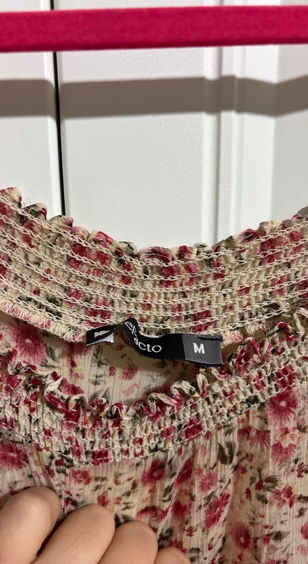 Pembe Çiçek Desenli Bohem Bluz omuz açık - Görsel 4