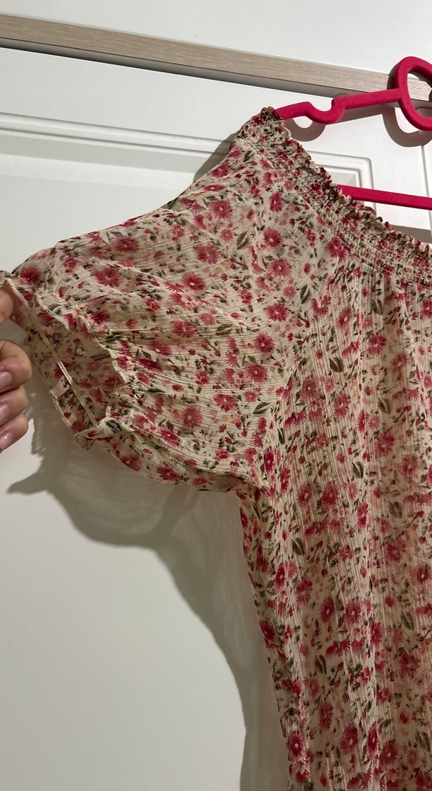 Pembe Çiçek Desenli Bohem Bluz omuz açık - Görsel 2