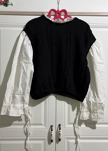 Kadın Pamuklu Siyah Beyaz Uzun Kollu Triko Kazak - Görsel 4