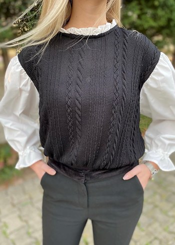 Kadın Pamuklu Siyah Beyaz Uzun Kollu Triko Kazak - Görsel 3