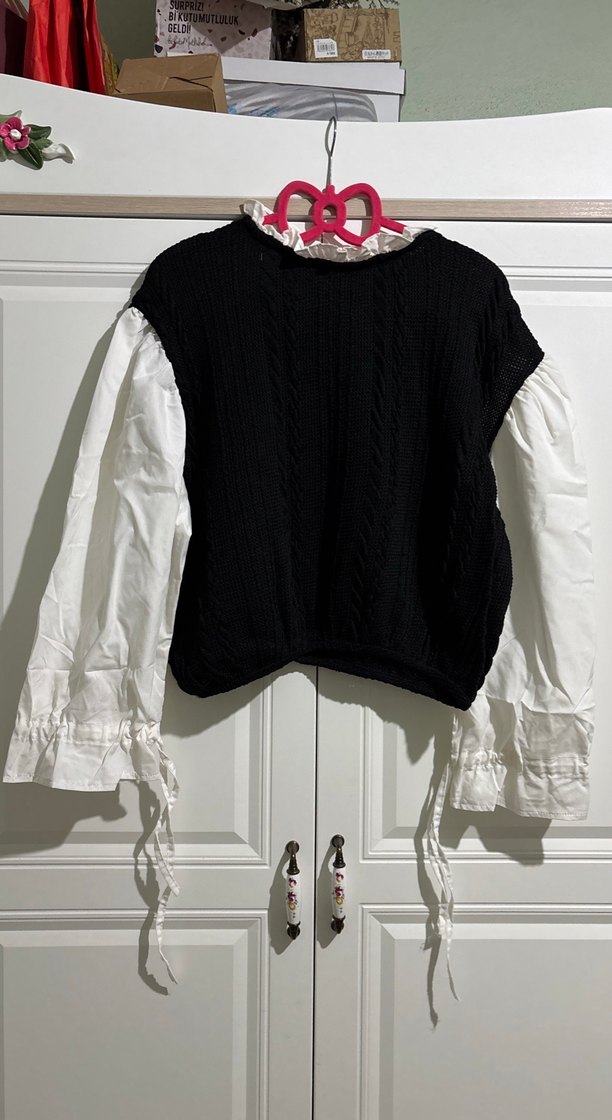 Kadın Pamuklu Siyah Beyaz Uzun Kollu Triko Kazak - Görsel 4