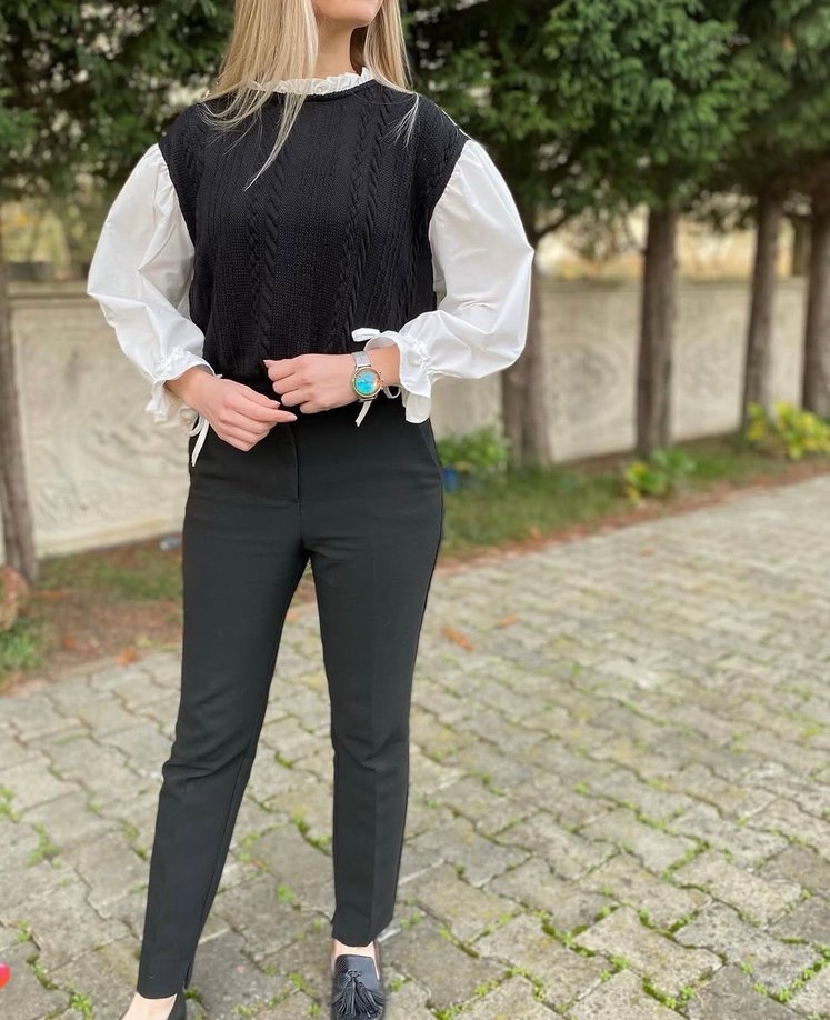 Kadın Pamuklu Siyah Beyaz Uzun Kollu Triko Kazak - Görsel 2