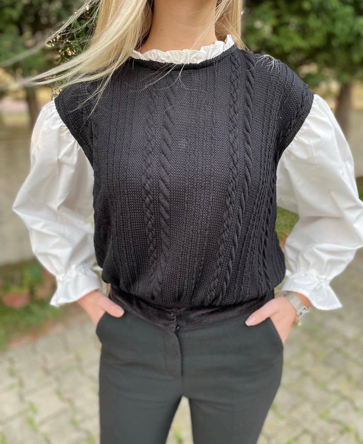 Kadın Pamuklu Siyah Beyaz Uzun Kollu Triko Kazak - Görsel 3