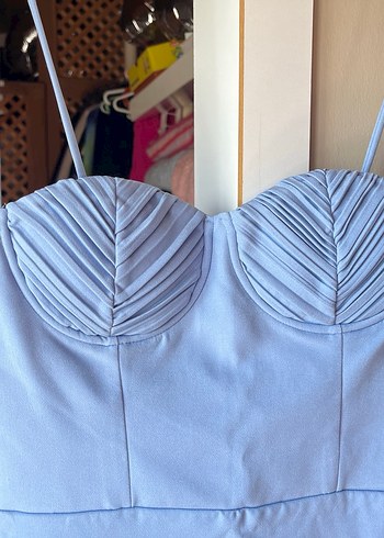 Mavi Straplez Midi Abiye Elbise - Görsel 3