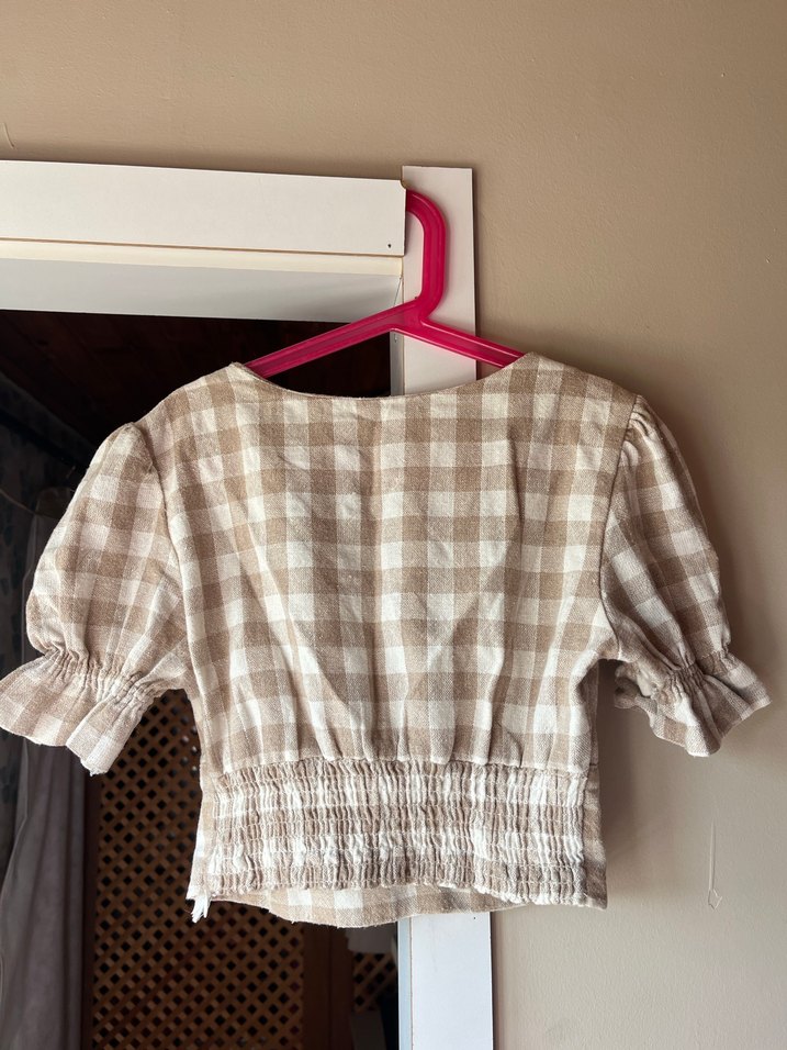 Bej Kareli Kısa Keten Bluz - Görsel 2