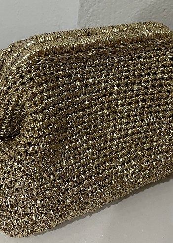 Beden Parlak Altın Renk Örgü Kadın Clutch Çanta