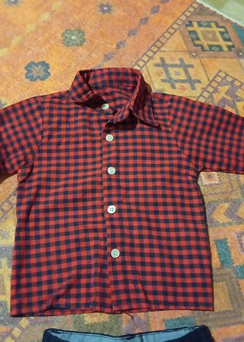 Düğmeli Kırmızı Kareli Bebek Takımı - Görsel 4