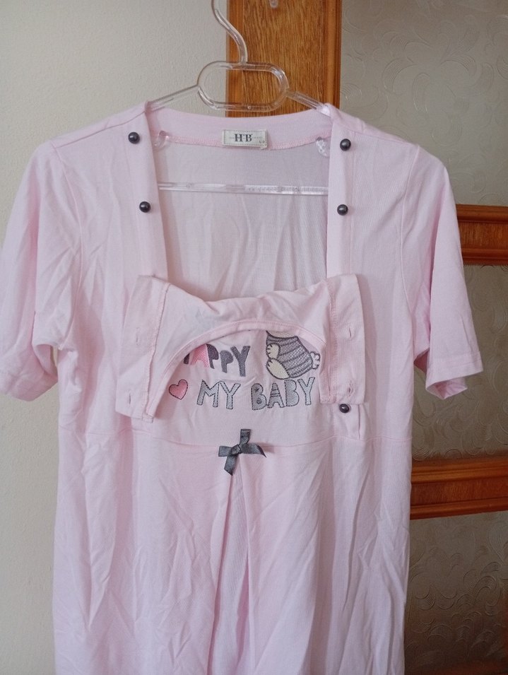 Pembe Düğmeli Hamile Tişörtü - Görsel 3