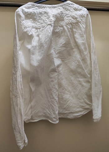 H&M Kız Çocuk 13/14 Yaş Beyaz Keten Uzun Kollu Gömlek - Görsel 4