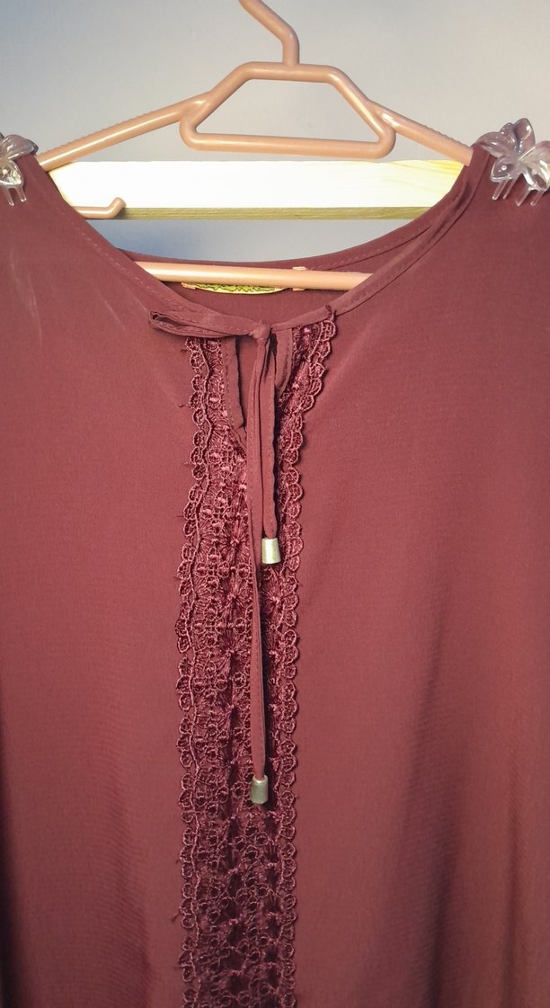 Bordo Uzun Kollu Nakışlı Elbise - Görsel 2