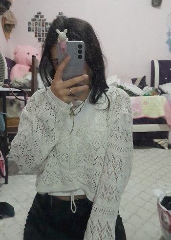 Bohem V Yaka Beyaz Örgü Kazak - Görsel 2