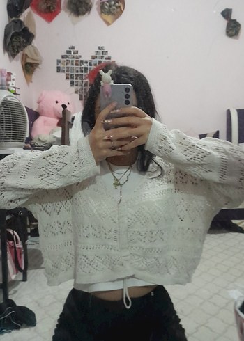 Bohem V Yaka Beyaz Örgü Kazak - Görsel 3