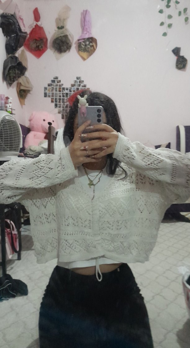 Bohem V Yaka Beyaz Örgü Kazak - Görsel 3