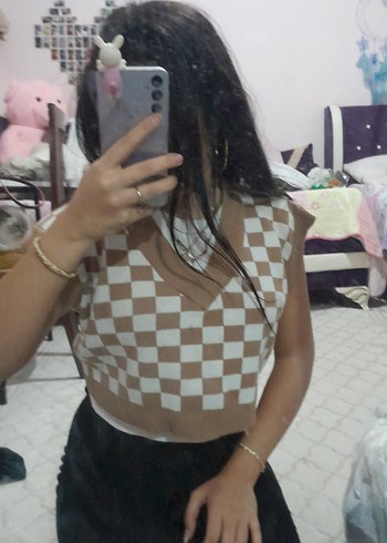 Kahverengi Kareli V Yaka Triko Süveter - Görsel 2