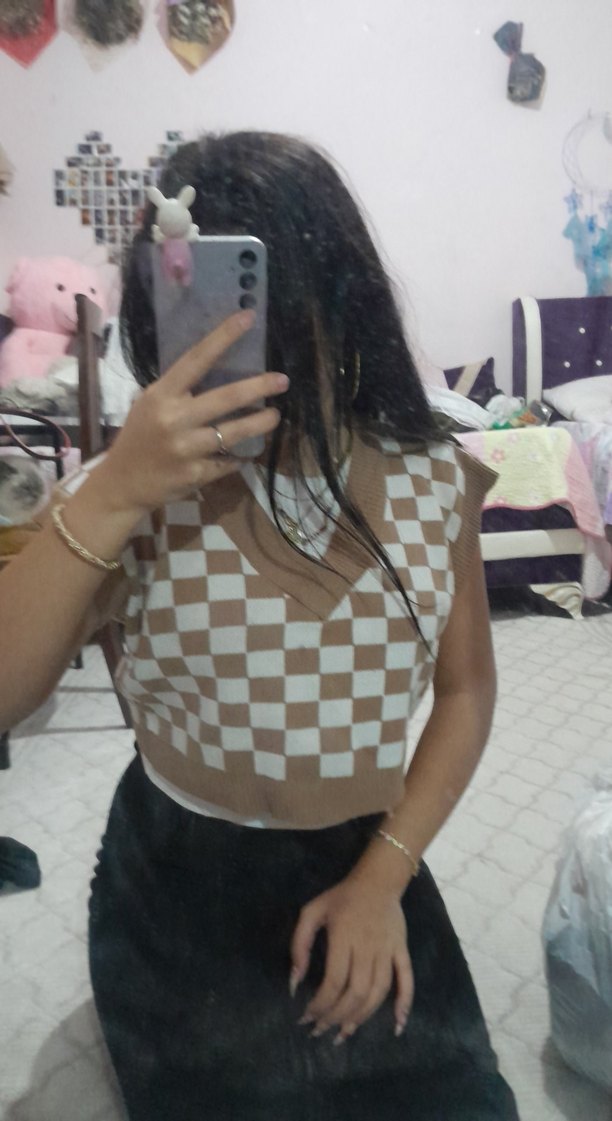 Kahverengi Kareli V Yaka Triko Süveter - Görsel 2