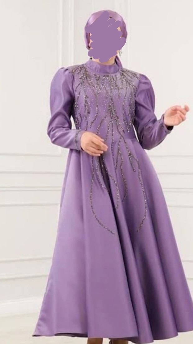 Uzun Kollu Nakışlı Mor Abiye Elbise - Görsel 2