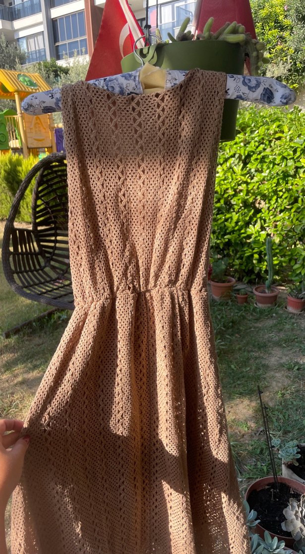 Bej Dantel Detaylı Uzun Triko Elbise - Görsel 4