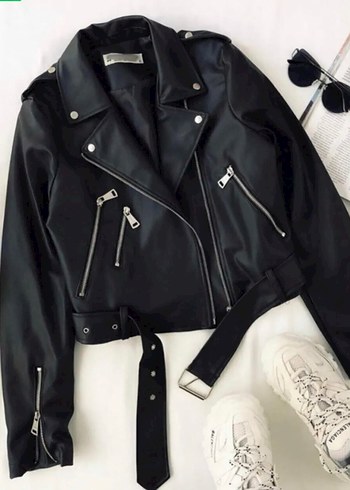 Kadın Siyah Kemerli Biker Deri Ceket