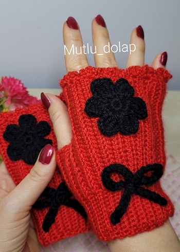 Kırmızı Örgü Bohem Kadın Eldiveni - Görsel 4