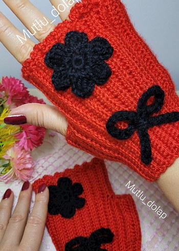 Kırmızı Örgü Bohem Kadın Eldiveni - Görsel 3