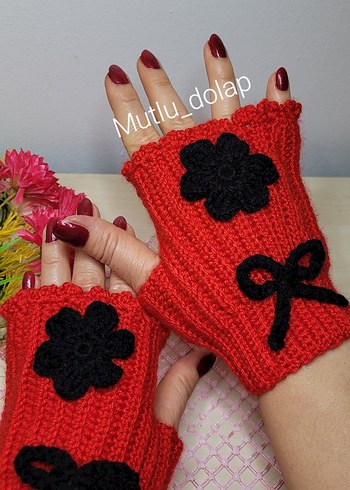 Kırmızı Örgü Bohem Kadın Eldiveni - Görsel 5