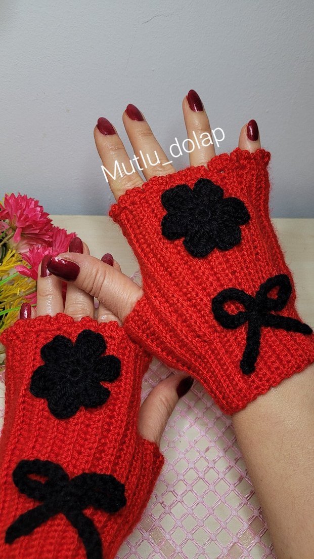 Kırmızı Örgü Bohem Kadın Eldiveni - Görsel 5