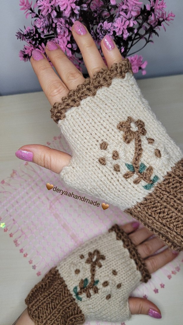 Bej Örgü Bohem Kadın Eldiveni - Görsel 5