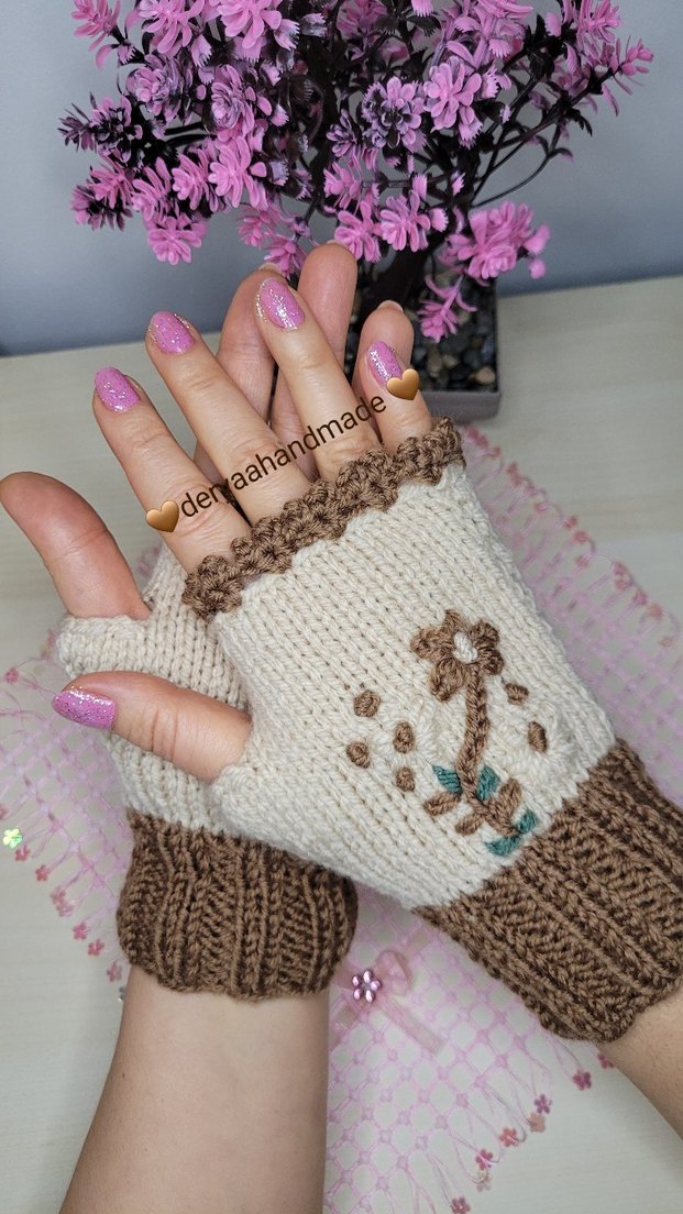 Bej Örgü Bohem Kadın Eldiveni - Görsel 3