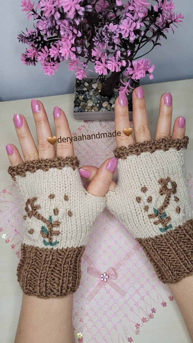 Bej Örgü Bohem Kadın Eldiveni - Görsel 2