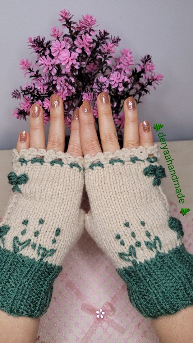 Yeşil Bohem Örgü Kadın Eldiveni - Görsel 4