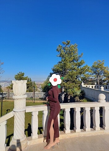 Diğer Kahverengi elbise yırtmaçlı bel büzgülü