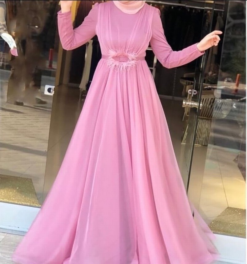 Mor Uzun Kollu Drapeli Abiye Elbise - Görsel 2